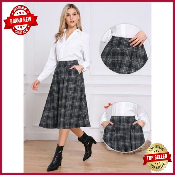 Vintage Tartan A-Line Midi Skirt with Pockets High Waist - Picture 5 of 6